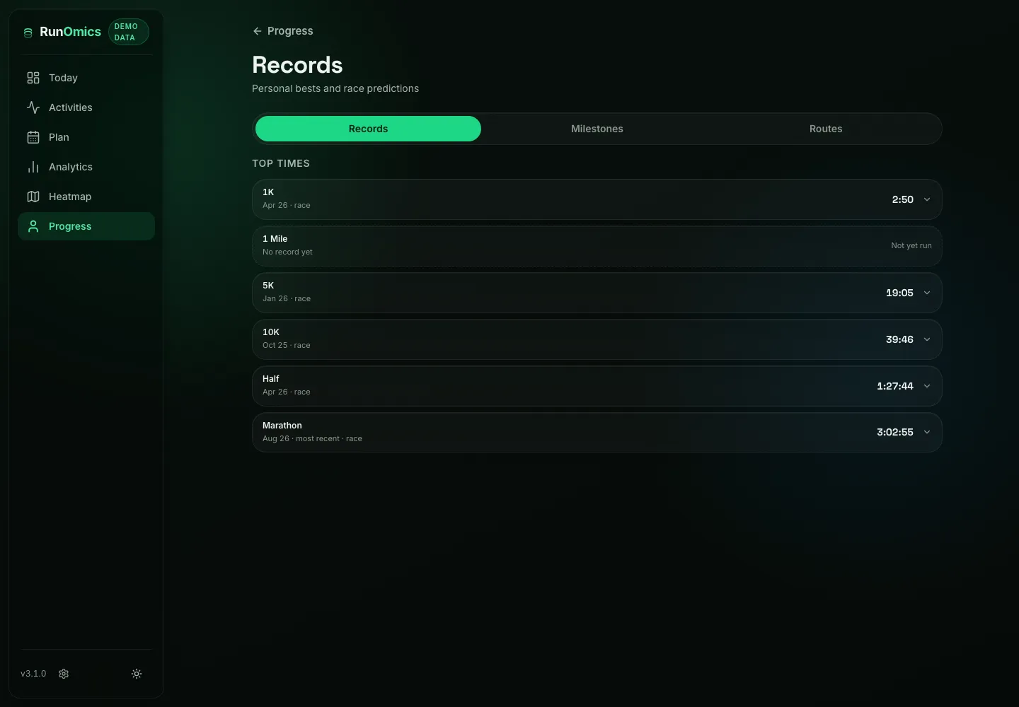Synthetic RunOmics records view showing fictional personal bests and race predictions